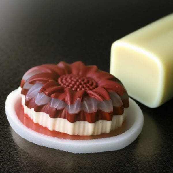 Red and white flower-shaped soap bar.