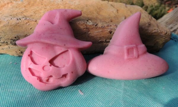 Pink pumpkin and witch hat soap.