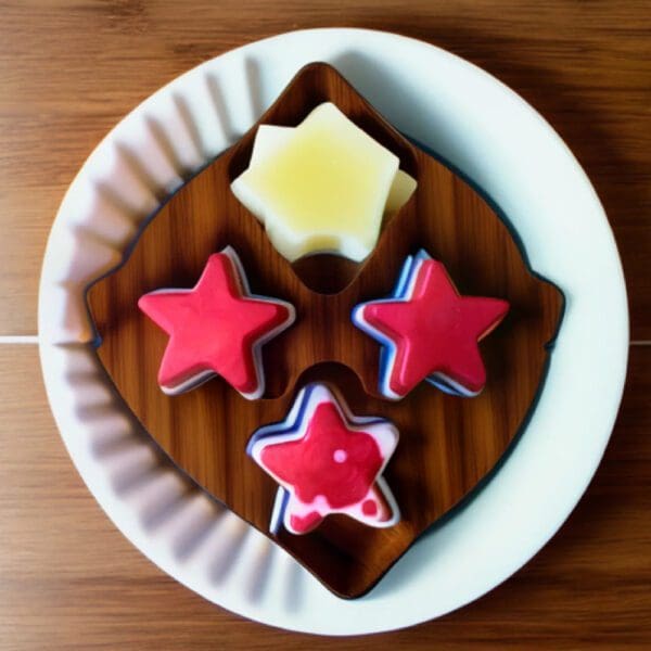 Star shaped soaps on a wooden tray.