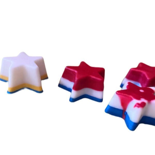 Patriotic star-shaped soaps in red, white, and blue.