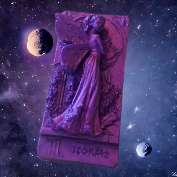 Purple Scorpio fairy figurine against space.