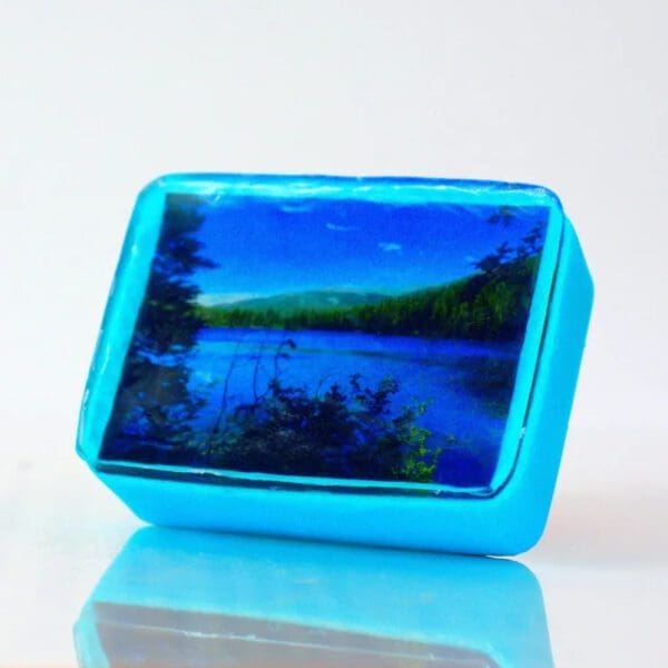 Blue soap with lake and forest image.