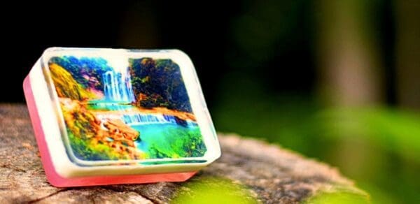 Soap bar with waterfall image.