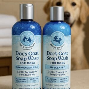Dog shampoo bottles with a dog background.