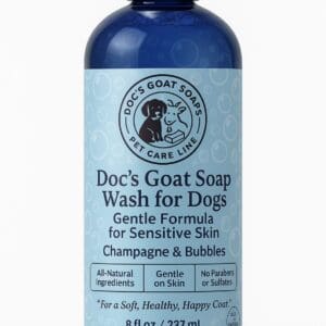 Blue bottle of dog wash soap.