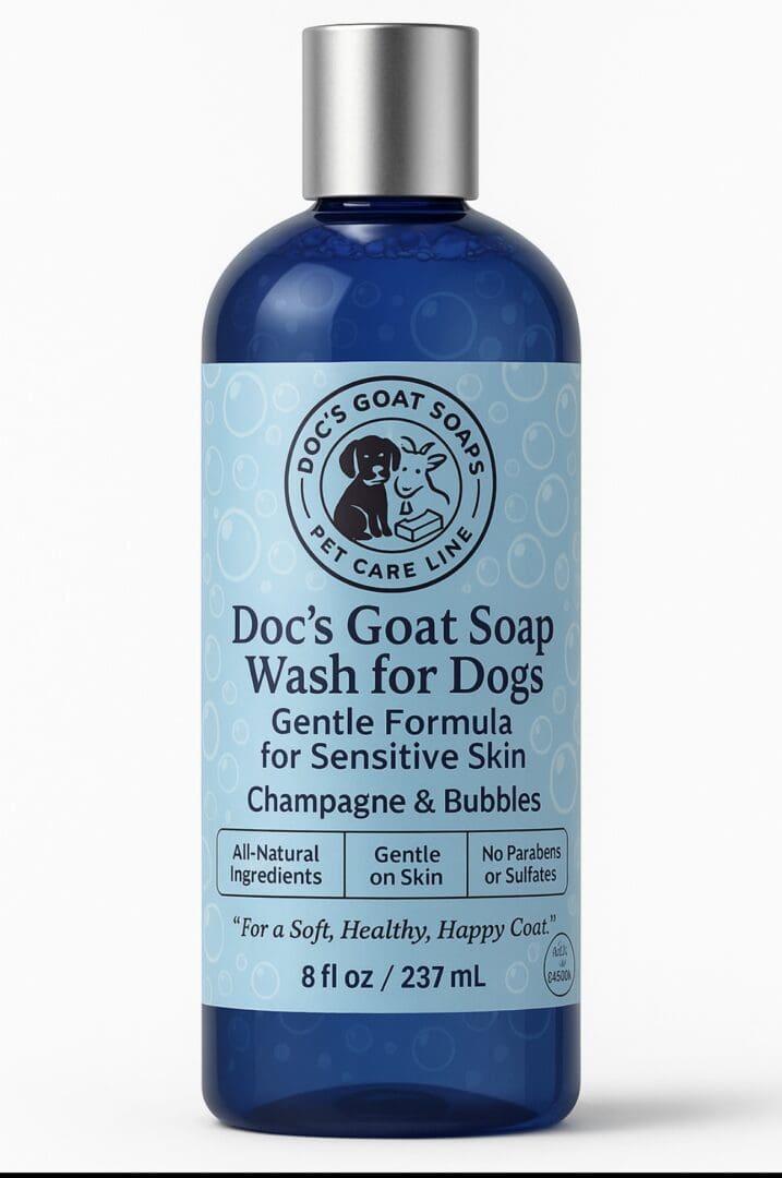 Blue bottle of dog wash soap.