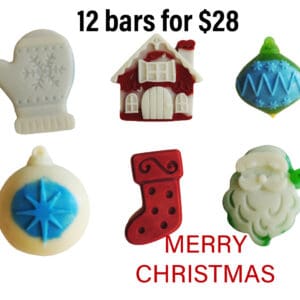 Christmas-themed soap bars with festive designs.
